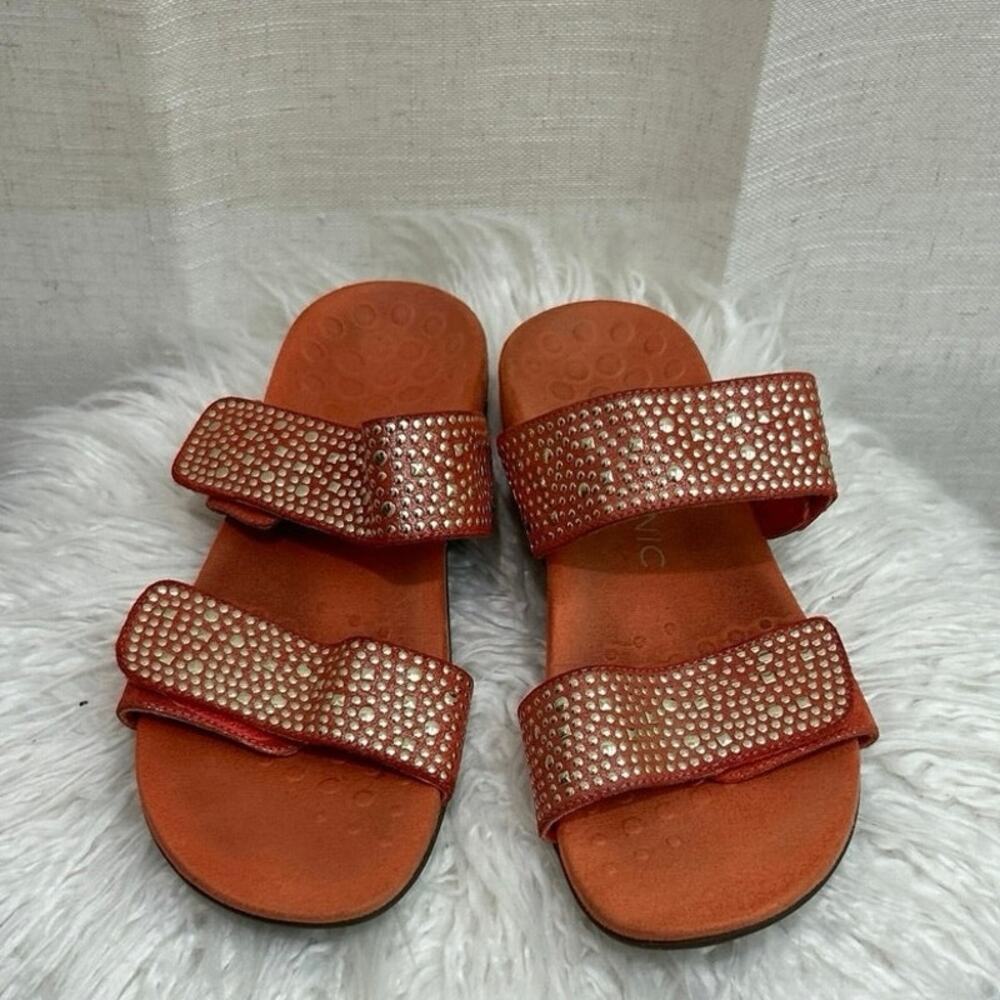 Vionic Samoa Slide Sandals Coral Orange w/gold metallic mini studs Women’s 9